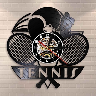 Logotipo de tenis raqueta cancha bola decoración reloj de pared torneo de tenis partido Grand Slam vinilo Record reloj de pared jugadores de tenis