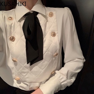 Kusahiki Patchwork elegante blusa Tops pajarita cuello Turn-down Mujer camisa 2021 primavera nueva elegante Blusas De Mujer 6F362