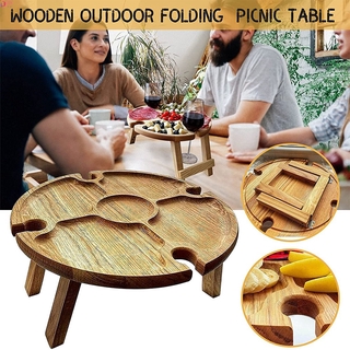 mesa de picnic plegable de madera al aire libre con soporte de vidrio redondo plegable escritorio de copa de vino estante plegable mesa