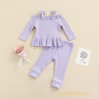 LAA6-Baby Niñas Color Sólido Manga Larga Vendaje Correa Tops Con Volantes Y Pantalones Casuales Elásticos (1)