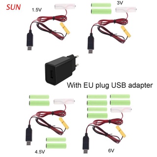 SUN 2in1 EU Plug USB Power Adapter Mains Convert to AA + AAA Battery Eliminator Cable Replace 1 to 4pcs 1.5V AA AAA Battery