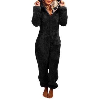Adorable cremallera con capucha mono de las mujeres de lana pijama largo pantalones ropa de dormir de felpa sudaderas con capucha ropa de dormir (3)