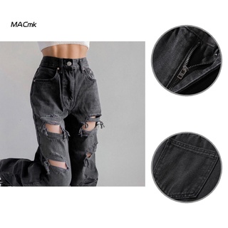 MACmk Multi Bolsillos Mujeres Jeans Cintura Alta Recta Suelta Ripped Moda Para Uso Diario
