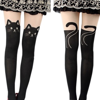 [SlipRain`] Sexy lindo negro tatuaje calcetines largos de dibujos animados gato pantimedias medias medias