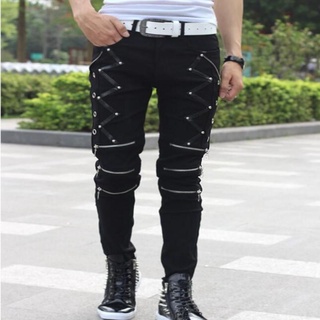 nueva llegada primavera moda hombre punk skinny pantalones para hombre fresco algodón casual pantalones cremallera slim fit negro goth pantalones (5)