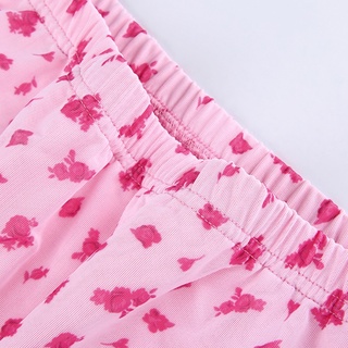 sim Women High Waist Harajuku Pink Floral Print A-Line Loose Layered Mesh Midi Skirt (12)