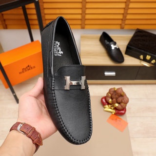 Original 2021 Hermes Hombres Cuero Mocasines Negro Zapatos Tamaño : 38-45 001782