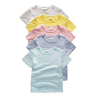 ❣Mt✲Transpirable verano niños camiseta, niños niñas estilo Simple Color sólido manga corta cuello redondo Tops