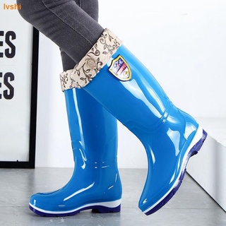 ♛ Botas De Lluvia De Alta Parte Superior De Las Mujeres Cepillado Caliente Antideslizante Tubo Largo Zapatos De Agua Goma Medio (7)