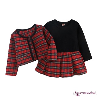 Up [] conjunto de ropa Casual de dos piezas para niñas, estampado a cuadros, vestido de manga larga y cárdigan, rojo/rosa