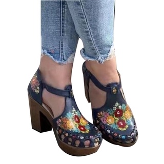 Mujer PU flores diseño zapatos de estilo Vintage sandalias señora Peep Toe tacón grueso zapatos de vestir (7)