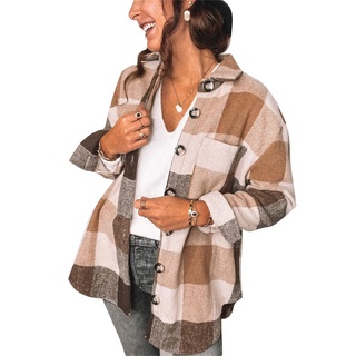❀Bn♠Mujer Casual suelto manga larga camisa otoño moda cuadros costuras solapa abrigo de un solo pecho (1)