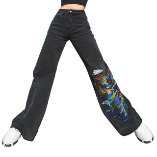 ♧Mw☎Pantalones vaqueros de pierna ancha para mujer, Vintage dragón bordado cintura alta relajado ajuste pantalones de mezclilla (1)