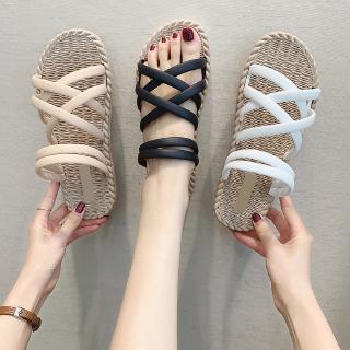Las mujeres de la moda de verano de tamaño Normal de fondo plano zapatillas de cruz de la correa sandalias