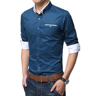 andfindgi moda hombres color sólido manga larga cuello de vuelta camisa slim fit blusa top (4)