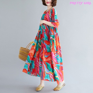 【Ready Stock】 Women Dress Ethnic Print Skirt Plus Size Over-the-knee Loose Dress