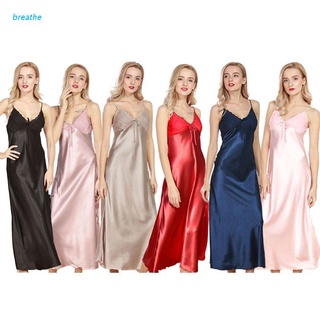 brea Women Satin Slit Sleeveless Nightgown A-Line Full Length V-Neck Lingerie Dress