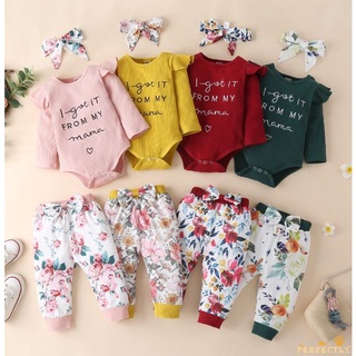 Pft7-Bebé niñas traje conjunto, letra bordado O-cuello de manga larga mameluco+ impresión Floral pantalones largos+ diadema, 0-24 meses