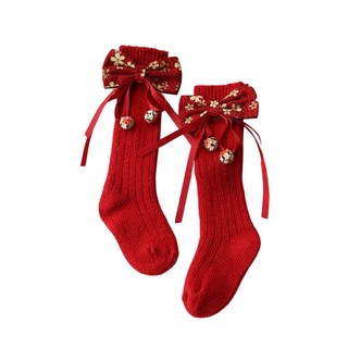 Ord7-baby calcetines altos de rodilla, hermosas medias de algodón de punto con lazo/Pom Pom para niñas