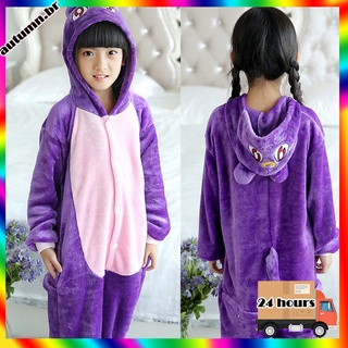 Niños Onesie pijamas con capucha púrpura gato de dibujos animados de franela disfraz de invierno de manga larga traje de casa para fiesta de Halloween (1)