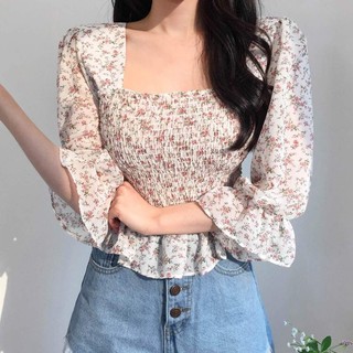 Coreano Retro cuello cuadrado dulce Floral gasa camisa mujer chic corto