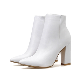 Ielgy cremallera versátil blanco punta tacón alto cuero PU 10 cm tacón grueso mujer botas cortas elegante suave
