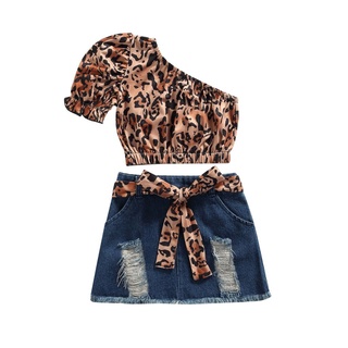 ✮Dp✲Trajes de niña de dos piezas traje de moda leopardo de un hombro camiseta y rasgado Denim falda corta