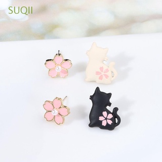 suqii s925 asimétrico plata aguja pendientes lindo gato flor pendientes perla temperamento moda esmalte regalos para señoras accesorios mujer/multicolor