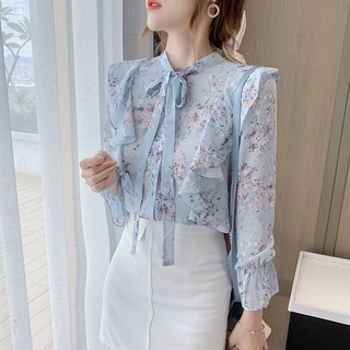 Moda azul gasa Bowknot hoja de loto blusa Floral para las mujeres Za primavera y otoño camisa de manga larga Tops oficina señora (3)