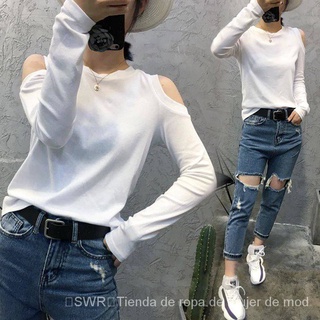 [swr] camisa de manga larga blanca de manga larga para mujer/cuello redondo/top
