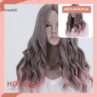 Trd Lolita Mix gris rosa centro Parting Cosplay largo rizado pelo ondulado pelucas completas