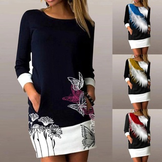 yuery Women O Neck Long Sleeve Color Block Feather Print Pockets Loose Mini Dress