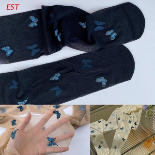 EST Mujeres Niñas Azul Mariposa Impresión Pantimedias Verano Transparente Ultra-Delgada Medias Sedosas Japonesas Lolita Dulce Sin Costuras Hosiery (1)