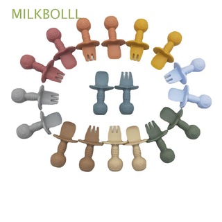 MILKBOLLL New Fork Spoons Self Feeding Short Handle Silicone Baby Tableware Non-Slip Utensils Learn To Eat Set Soft Baby Training