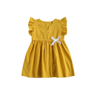 ★Sa✫Vestido de princesa Casual para niñas, amarillo V-cuello mosca mangas arco nudo patrón corto de una sola pieza