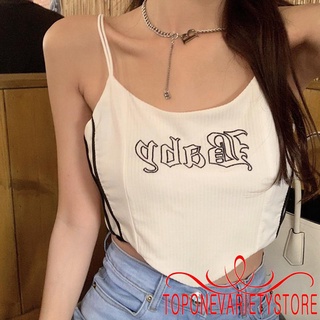 Topq-Mujer letra bordado sin mangas correa de espagueti Hanky dobladillo Crop Tops