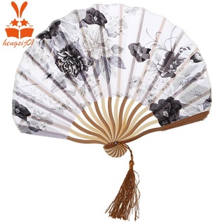 Abanico De mano plegable De bambú con flores De peony gris blanco chino