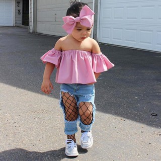 khhh-3pcs trajes conjunto de ropa de moda bebé niños niñas hombro fuera tops pantalones de mezclilla