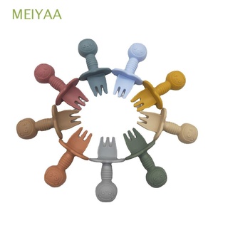 MEIYAA New Silicone Self Feeding Short Handle Fork Spoons Non-Slip Utensils Baby Tableware Learn To Eat Set Soft Baby Training