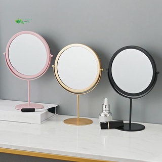 espejo de maquillaje portátil de metal de pie, forma redonda, espejo de tocador de escritorio (rosa)