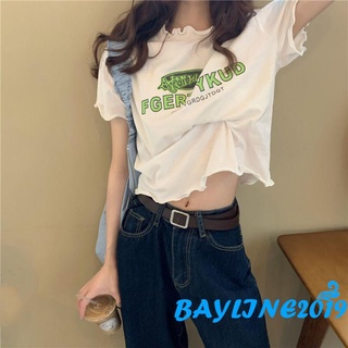 Bay-Mujer verano Crop Tops, algodón letras impresión O-cuello manga corta camisola camiseta para niñas, 3 colores