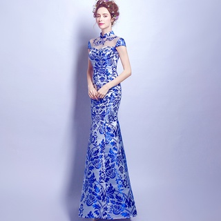 elegante azul y blanco porcelana etapa rendimiento y mostrar etiqueta de pasarela anfitrión vestido de novia y cheongsam venta al por mayor (2)