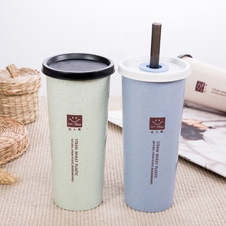 portátil taza de mano de trigo taza de agua con pajitas taza de beber doble tapa de plástico taza de plástico en casa oficina regalos tazas de café deporte taza de agua