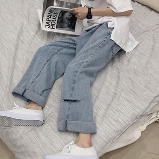 [Gadis jeans]pantalones vaqueros rasgados de color claro para mujer verano coreano recorte papi pantalones rectos sueltos de talle alto delgado pantalones de pierna ancha