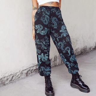 fouduowei moda mujeres casual dragón impresión cintura alta suelta pierna ancha pantalones largos pantalones