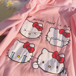 Suéter de algodón de las mujeres ins primavera y otoño 2021 Hello Kitty de manga larga t-shirt de las mujeres suelta capa delgada (3)