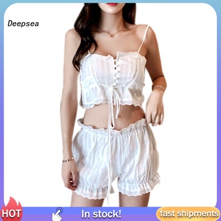 dpa sexy mujeres encaje pijamas conjunto botones cierre cordón camisola crop top shorts