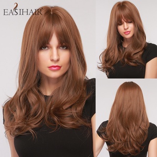 easihair pelucas largas marrón para mujer con flequillos onda de agua peluca de pelo sintético diario resistente al calor peluca