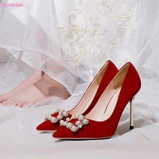 Zapatos de boda de las mujeres 2021 nueva perla diamantes de imitación solo zapatos de aguja primavera vestido de novia mostrar Wo boda novia rojo tacones altos