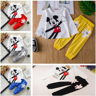 lindo bebé niños niñas de manga larga disney conjunto de ropa de mickey impresión camisa pantalones baju (1)